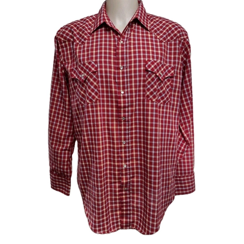 Ely Cattleman Western Shirt Men XL Pearl Snap Tall Plaid Cowboy Core Vintage Red